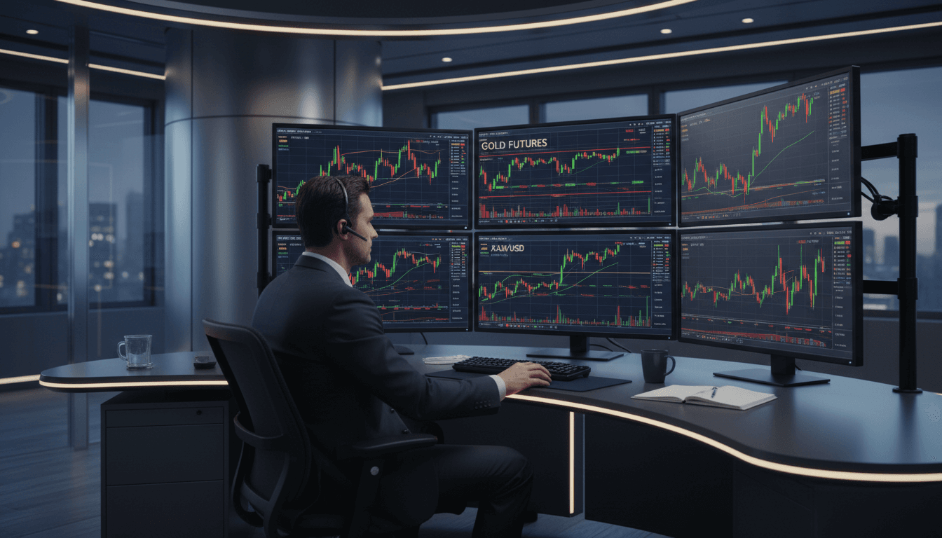 Trader profesional menganalisis grafik pasar emas di ruang trading modern dengan pencahayaan profesional