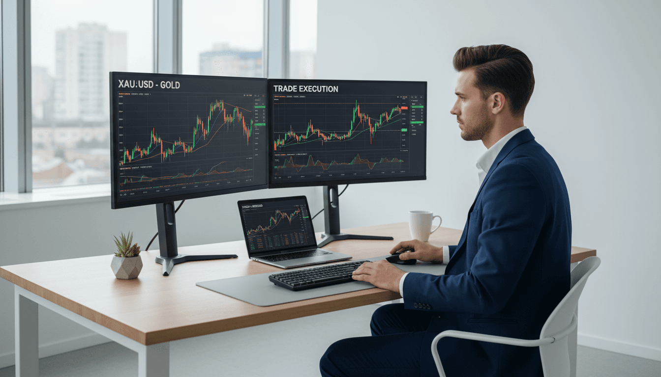 Trader menganalisis grafik harga emas dengan terminal trading profesional