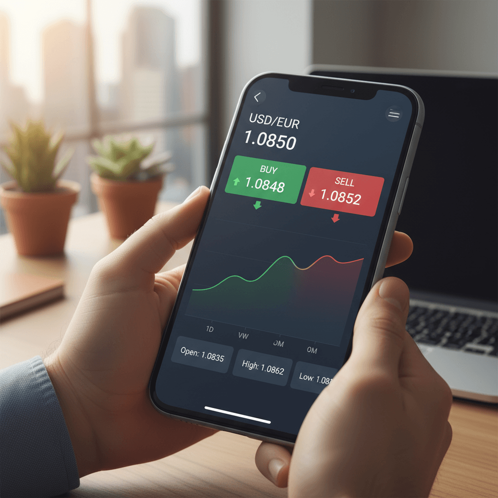 Ponsel menampilkan dashboard trading emas dengan grafik harga XAUUSD real-time