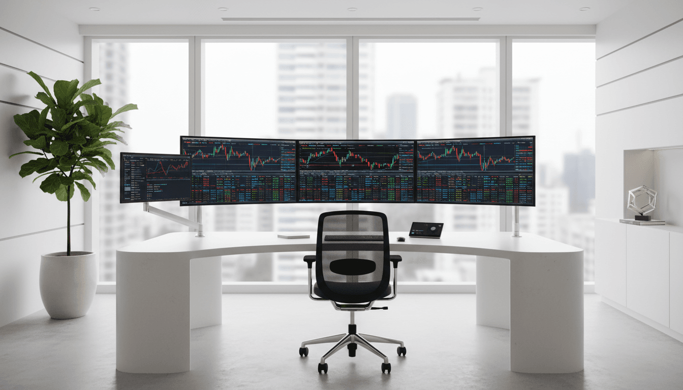 Ruang kerja kantor FarOneCapital dengan setup trading profesional
