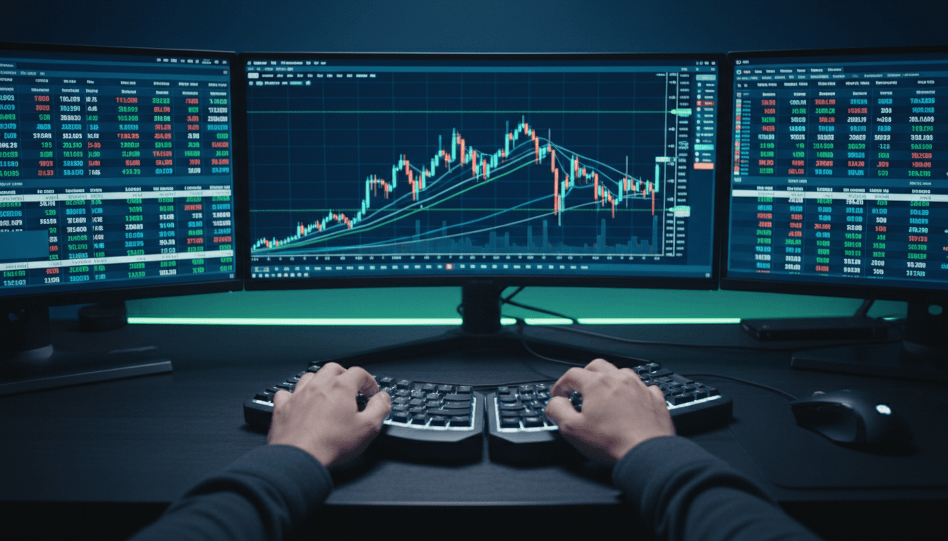 Trader profesional menganalisis grafik pasar emas dengan data keuangan lengkap